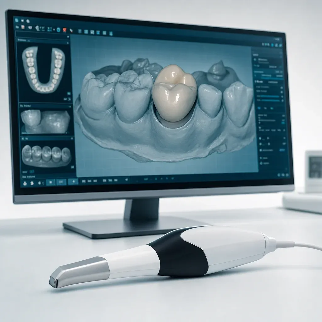 Intraoral scanner beside a monitor showing a crown designed on a digital scan in CAD software