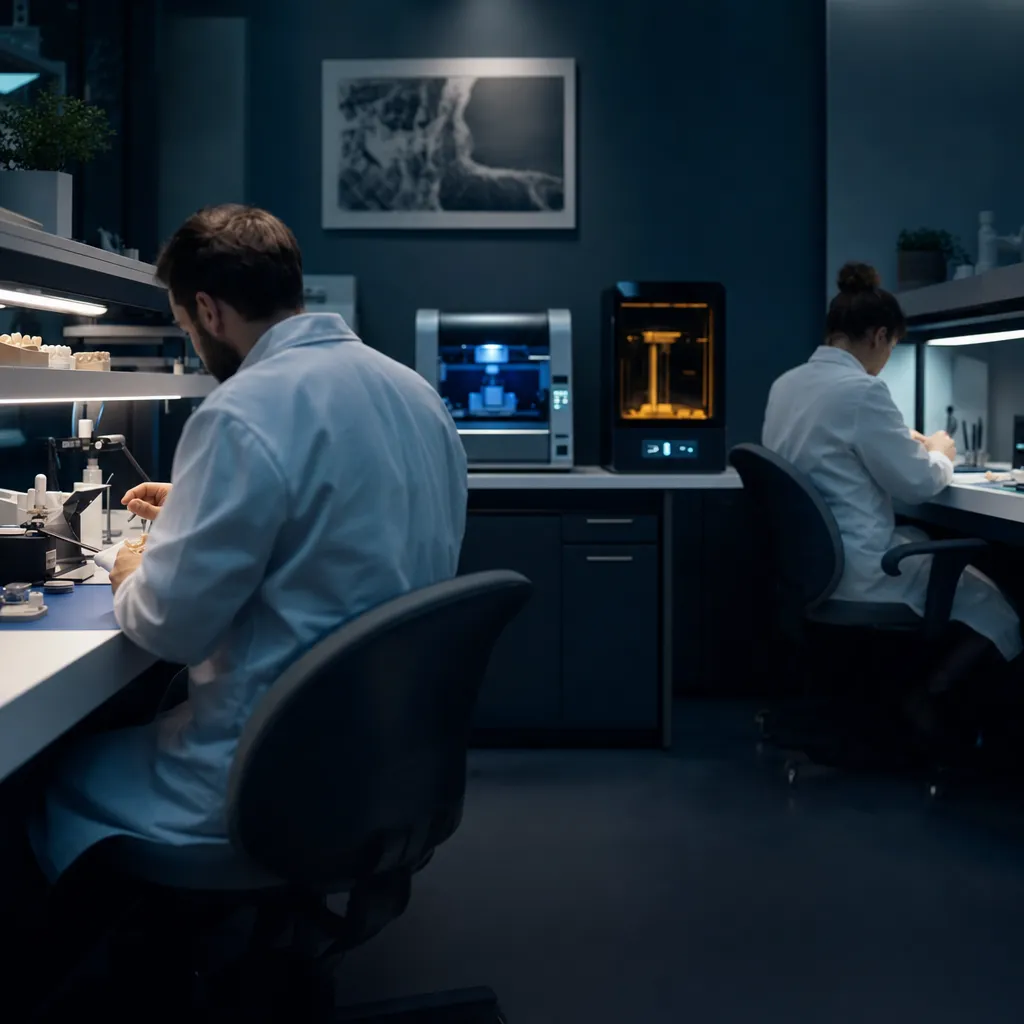 Two dental technicians working at benches in a modern dental laboratory with 3D printers