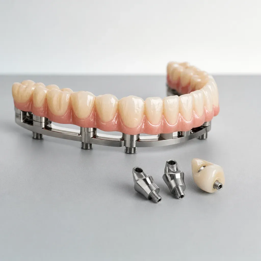 A full-arch implant-supported hybrid prosthesis on titanium abutments.