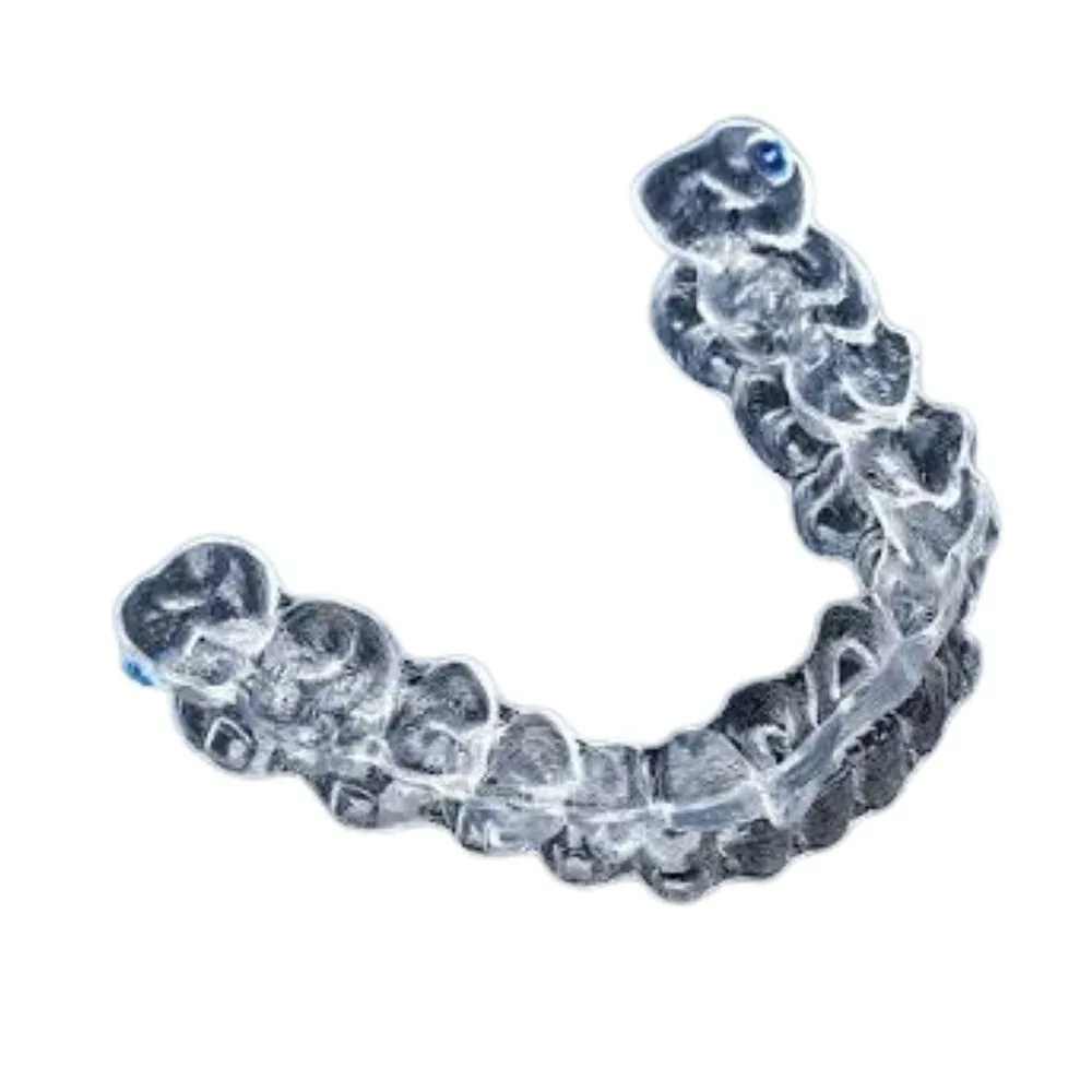 Clear thermoformed orthodontic retainer beside a Hawley retainer with a stainless labial bow