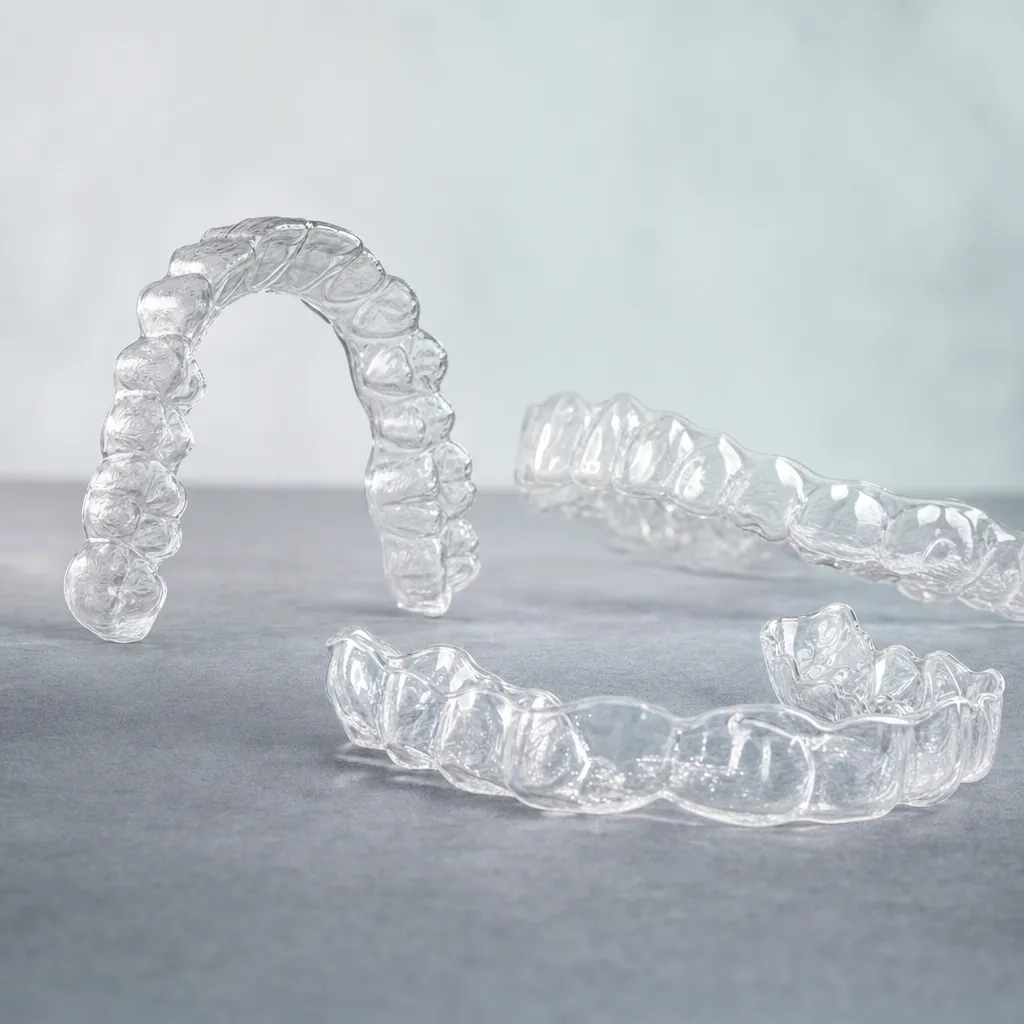 Transparent thermoformed clear aligner trays and an Essix retainer on a soft gray surface