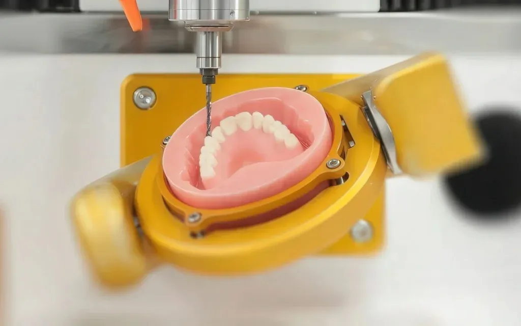 A milled PMMA denture base fresh from the puck