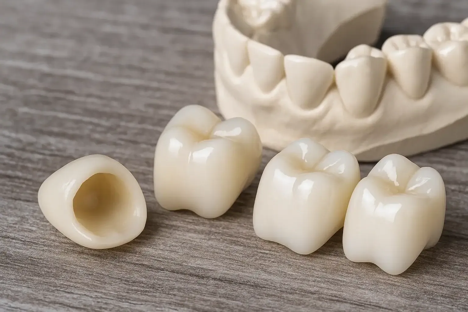 Several finished monolithic zirconia crowns on a bench, next to a dental model.